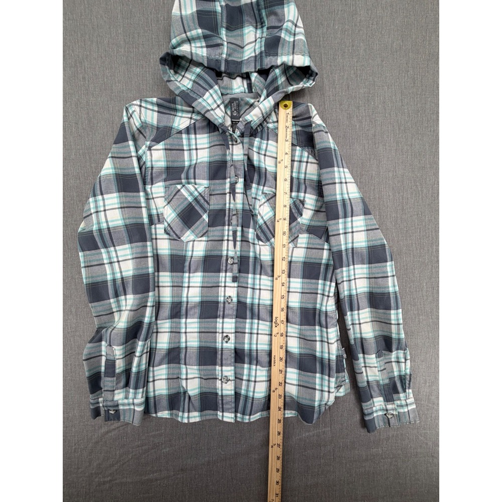 Mountain Hardwear Womens Plaid Hooded Flannel‎ Shirt Gray Teal Stretch Medium - Picture 6 of 8